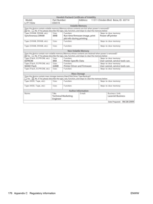 Page 194Hewlett-Packard Certiﬁcate of Volatility 
Model: Part Number: Address: 11311 Chinden Blvd.  Boise, ID.  83714
LJ P1102w
CE657A
        
Volatile Memory Does the device contain volatile memory (Memory whose contents are lost when power is removed)?  Yes   No  If Yes please describe the type, size, function, and steps to clear the memory below  :yromem raelc ot spetS
 :noitcnuF :eziS :)cte ,MARD ,MARS( epyT
Synchronous DRAM 8MB Run-time ﬁrmware image, print 
job info during printingPower oﬀ printer...