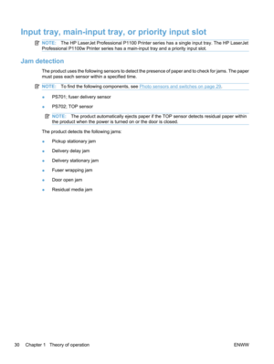 Page 48Input tray, main-input tray, or priority input slot
NOTE:The HP LaserJet Professional P1100 Printer series has a single input tray. The HP LaserJet
Professional P1100w Printer series has a main-input tray and a priority input slot.
Jam detection
The product uses the following sensors to detect the presence of paper and to check for jams. The paper
must pass each sensor within a specified time.
NOTE: To find the following components, see Photo sensors and switches on page 29.
● PS701; fuser delivery...