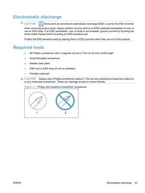 Page 51Electrostatic discharge
CAUTION: Some parts are sensitive to electrostatic discharge (ESD). Look for the ESD reminder
when removing product parts. Always perform service work at an ESD-protected workstation or mat, or
use an ESD strap. If an ESD workstation, mat, or strap is not available, ground yourself by touching the
sheet-metal chassis  before touching an ESD-sensitive part.
Protect the ESD-sensitive parts by placing them in ESD pouches when they are out of the product.
Required tools 
● #2 Phillips...