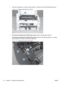 Page 622.Open the cartridge door, release one tab (callout 1) and then remove the left plate (callout 2).
Figure 2-11   Remove the left cover (2 of 5)
1
2
3.HP LaserJet Professional P1100 Printer series : Remove the light pipe (callout 1).
HP LaserJet Professional P1100w Printer series : Remove the light pipe (callout 1), wireless
button (callout 2), and the cancel button (callout 3).
Figure 2-12   Remove the left cover (3 of 5)
1
2
3
44 Chapter 2   Removal and replacement ENWW 