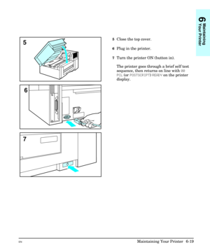 Page 1095Close the top cover.
6Plug in the printer.
7Turn the printer ON (button in).
The printer goes through a brief self test
sequence, then returns on line with 00
PCL (or POSTSCRIPT) READY on the printer
display.
5
6
7
6
Maintaining
Your Printer
ENMaintaining Your Printer  6-19 