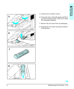 Page 1275Loosen the two captive screws.
6Grasp the fuser with both hands and lift it
up and out of the printer. Then set it aside
for responsible disposal.
7Remove the new fuser from its packaging.
8Keeping the new fuser horizontal install it
in the printer.
à à
7
8
1900C
3740F
5
6
6
Maintaining
Your Printer
ENMaintaining Your Printer  6-37 