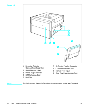 Page 14Figure 1-2
1 Mounting Slots for 
   Optional Rear Feed Unit
2 Serial Number Label
3  Power Plug Connector
4 SIMMs Access Door
5  MIO Slot6  Bi-Tronics Parallel Connector
7  Optional Rear Feed Unit
8  Manual Feed Input
9  Rear Tray Paper Access Door
NoteFor information about the locations of maintenance units, see Chapter 6.
1-4 Your Color LaserJet 5/5M PrinterEN 