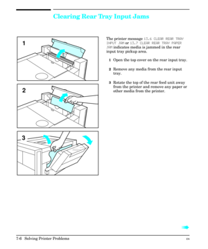 Page 138Clearing Rear Tray Input Jams
The printer message 13.6 CLEAR REAR TRAY
INPUT JAM or 13.7 CLEAR REAR TRAY PAPER
JAM indicates media is jammed in the rear
input tray pickup area.
1Open the top cover on the rear input tray.
2Remove any media from the rear input
tray.
3Rotate the top of the rear feed unit away
from the printer and remove any paper or
other media from the printer.
à à
2 1
3
7-6 Solving Printer ProblemsEN 