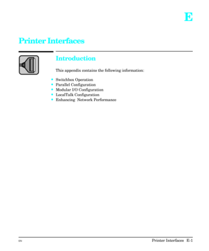 Page 209E
Printer Interfaces
Introduction
This appendix contains the following information:
·Switchbox Operation
·Parallel Configuration
·Modular I/O Configuration
·LocalTalk Configuration
·Enhancing  Network Performance
ENPrinter Interfaces  E-1 