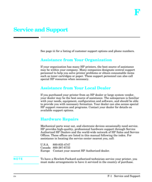 Page 217F
Service and Support
See page iii for a listing of customer support options and phone numbers.
Assistance from Your Organization
If your organization has many HP printers, the best source of assistance
may be within your company. Many companies designate central support
personnel to help you solve printer problems or obtain consumable items
such as toner cartridges or paper. These support personnel can also call
special HP resources when necessary.
Assistance from Your Local Dealer 
If you purchased...