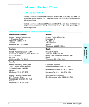 Page 219Sales and Service Offices
Calling for Help
To find a service authorized HP Dealer in the USA, call (800) 752-0900. To
find a service authorized HP Dealer outside of the USA, contact one of the
following offices:
To find a service-authorized HP dealer in the U.S., call (800) 752-0900. To
find a service-authorized HP dealer outside of the U.S. contact one of the
following offices:
Worldwide Hewlett-Packard Sales and Service Offices
Australia/New Zealand: Austria:
Hewlett-Packard Australia Ltd.
31-41 Joseph...