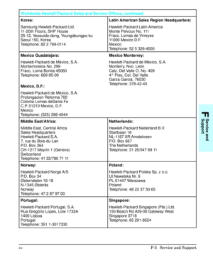 Page 221Worldwide Hewlett-Packard Sales and Service Offices, continued
Korea: Latin American Sales Region Headquarters:
Samsung Hewlett-Packard Ltd.
11-20th Floors, SHP House
25-12, Yeoeuido-dong, Youngdeungpo-ku
Seoul 150, Korea
Telephone: 82 2 769-0114Hewlett-Packard Latin America
Monte Pelvoux No. 111
Fracc. Lomas de Virreyes
11000 Mexico D.F.
Mexico
Telephone: 52 5 326-4000
Mexico Guadalajara: Mexico Monterrey:
Hewlett-Packard de México, S.A.
Montemorelos No. 299
Fracc. Loma Bonita 45060
Telephone:...