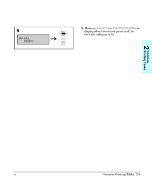 Page 255Make sure 00 PCL (or POSTSCRIPT) READY is
displayed on the control panel and the
On Line indicator is lit.
5
2
Common
Printing Tasks
ENCommon Printing Tasks  2-9 