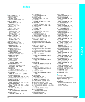 Page 241Index
!
00 PCL READY  7-45
00 POSTSCRIPT
READY 7-45
02 PCL WARMING UP  7-45
02 POSTSCRIPT
WARMING UP  7-45
04 CONTINUOUS
SELF TEST  7-45
05 INTERNAL
SELF TEST  7-45
06 PRINTING PCL
DEMO PAGE  7-45
SELF TEST  7-45
TYPEFACES 7-45
06 PRINTING PS
DEMO PAGE  7-45
SELF TEST  7-45
TYPEFACES 7-45
07 RESET  5-6, 7-46
08 COLD RESET  7-46
09 MENU RESET  5-7, 7-46
10 PRESS RESET
TO ACTIVATE  7-46
11.1 FRONT TRAY
LOAD [media]  7-46
11.2 REAR TRAY
LOAD [media]  7-46
11.3 MANUAL FEED  7-46
11.4 FRONT TRAY
EMPTY 7-47...