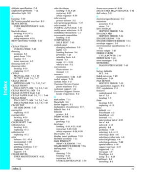 Page 242altitude specification  C-1
application problems  7-42
Attention light  5-5
B
banding 7-30
Bi-Tronics parallel interface  E-3
BLACK DEVEL
USER MAINTENANCE  6-20,
7-50
black developer
locating  6-10, 6-21
replacing 6-20
setup sequence 6-24
BUSY MOVING TONER  7-50
C
CLEAN TRANS
CORONA WIRE  7-49
cleaning
locations 6-3
print drum  7-34
regular 6-4
toner reservoir  6-7
cleaning cloth  6-7
cleaning roller
locating 6-10
replacing 6-17
CLEAR
MANUAL JAM  7-3, 7-48
OUTPUT JAM  7-3, 7-47
CLEAR DRUM
WINDING JAM...