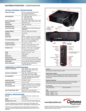 Page 2Power/standbyRe-Sync Mouse on/off
Enter Right click
Four directional select keys 
for mouse emulation
Page down
Menu Volume
3D AV mute Zoom
Video
Freeze
Left click
Source
Page up Mode
Keystone correction
BrightnessHDMI
S-video ECO
VGA
MUl TIMEDIa  PROjECTORs — DS339/DX339/DW339
OPTICAL/TeChnICAL sPeCIfICATIOns
Display Technology    DS & DX – Single 0.55” DC3 DMD DLP  
DW – Single 0.65” DMD DLP  
(Technology by Texas Instruments)
Native Resolution     DS – SVGA (800 x 600) 
DX – XGA (1024 x 768) 
DW –...