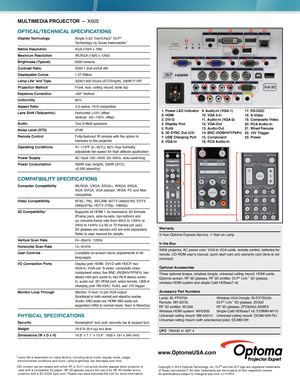 Page 2MULTIMEDIA PROJECTOR — X605
OPTICAL/TECHNICAL SPECIFICATIONS
Display Technology  Single 0.55” DarkChip3™ DLP®  
Technology by Texas Instruments™
Native Resolution XGA  (1024 x 768)
Maximum Resolution WUXGA  (1920 x 1200)
Brightness (Typical) 6000 lumens
Contrast Ratio 2000:1 (full on/full of f)
Displayable Colors 1.07 Billion
Lamp Life* and Type 3500/1500 Hours (STD/bright), 330W P-VIP
Projection Method Front, rear, ceiling mount, table top 
Keystone Correction ±30° Vertical 
Uniformity 85%
Aspect Ratio...