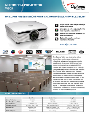 Page 1MULTIMEDIA PROJECTOR
W505
Short ThrowStandard Throw Long Throw
Optoma Part Number BX-DL080BX-DL200BX-DL300
Throw Ratio (Distance/Width) 0.81:11.62–2.03:1 2.02–3.03:1
Projection Distance 1.6’–9.8’ (0.5 –3 m) 4.9’–23.0’ (1.5 –7 m) 6.6’–65.6’ (2– 20 m)
Image Size (Diagonal) 28.0”–171”  (0.71– 4.34 m) 34.2”–200” (0.87 –5.08 m) 30.6”–457” (0.78 –11.6 m)
Projection Lens  F=2.5, f=11.5 mm,  
Manual Focus F=2.46-2.56, f=22.8-28.5 mm,  
1.25x Manual Zoom and Focus F=2.5-3.1, f=28.5-42.75 mm,  
1.5x Manual Zoom...