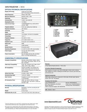 Page 2DATA PROJECTOR  — W316
OPTICAL/TECHNICAL SPECIFICATIONS
Display Technology   
Single 0.65" DC3 DMD  
DLP® Technology by Texas Instruments™
Native Resolution  WXGA (1280 x 800)
Maximum Resolution  WUXGA (1920 x 1200) 
Brightness  3400 lumens
Contrast Ratio  15,000:1 (full on/full off)
Displayable Colors  1.07 Billion
Lamp Life and Type
*   10,000/6000/5000 Hours (ECO+/ECO/  
  normal), 190W 
Projection Method  Front, rear, ceiling mount, table top
Keystone Correction  ±40° Vertical
Uniformity   >85%...