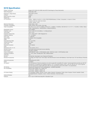 Page 4S316 SpecificationDisplay TechnologySingle 0.55” SVGA DC3 DMD chip DLP® Technology by Texas InstrumentsNative ResolutionSVGA 800 x 600Brightness1 (Bright Mode)3200 ANSI LumensContrast15,000:1Noise Level (Eco mode)29dBWeight (kg)2.35I/O ConnectorsInputs:HDMI (v1.4a 3D), 2 x VGA (YPbPr/RGB/Wireless), S-Video, Composite, 2 x Audio In 3.5mmOutputs:VGA Out, Audio Out 3.5mmControl:RS232 - 9 PinMaximum ResolutionUXGA 1600 x 1200Computer CompatibilityUXGA, SXGA, XGA, SVGA, VGA, MacVideo CompatibilityPAL (B, D,...