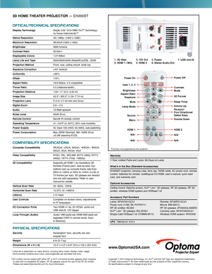 Page 23. 12V Out 4. HDMI 2 1. 3D Vesa 2. HDMI 1 / MHL5. Power 6. Stereo Audio-Out 7. USB mini-B
 1
 6
 2
 3 4 5
 7
Power OnPower Off
Mode
Re-sync/Four DirectionalSelect Keys
3D Format
Sleep Timer
Contrast
HDMI 2
N/A‡
N/A‡
Brightness
User 1, 2, 3
Lamp Mode
Keystone
Mute
Aspect Ratio
HDMI 1
N/A‡
N/A‡
Menu
Volume Up
Volume Down
Source
3D HOME THEATER PROJECTOR — EH200ST
OPTICAL/TECHNICAL SPECIFICATIONS
Display Technology  Single 0.65ʺ DC3 DMD DLP® Technology  by Texas Instruments™
Native Resolution HD 1080p...