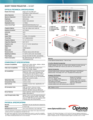 Page 2SHORT THROW PROJECTOR — X316ST
OPTICAL/TECHNICAL SPECIFICATIONS
Display Technology Single 0.55" DC3 DMD DLP®   Technology by Texas Instruments™
Native Resolution XGA (1024 x 768) 
Maximum Resolution WUXGA (1920 x 1200)
Brightness
 3400 lumens
Contrast Ratio 20,000:1 (full on/full of f)
Displayable Colors 1.07 Billion
Lamp Life and Type*   8000/7000/6500/6000/4000  Hours  
(Edu/ECO+/Dynamic/Eco/Bright), 210W
Projection Method Front, rear, ceiling mount, table top
Keystone Correction ± 40° Vertical...