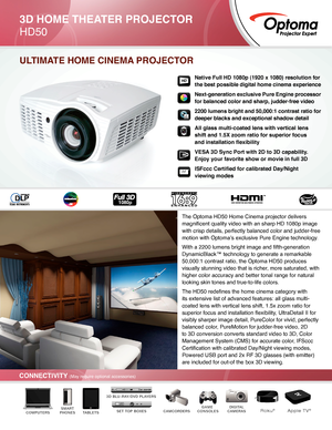 Page 13D HOME THEATER PROJECTOR
HD50
The Optoma HD50 Home Cinema projector delivers 
magnificent quality video with an sharp HD 1080p image 
with crisp details, perfectly balanced color and judder-free 
motion with Optoma’s exclusive Pure Engine technology. 
With a 2200 lumens bright image and fifth-generation 
DynamicBlack™ technology to generate a remarkable 
50,000:1 contrast ratio, the Optoma HD50 produces 
visually stunning video that is richer, more saturated, with 
higher color accuracy and better tonal...