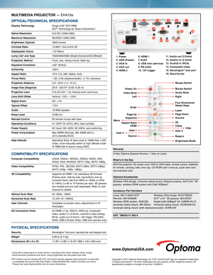 Page 2MULTIMEDIA PROJECTOR — EH415e 
OPTICAL/TECHNICAL SPECIFICATIONS
Display Technology  
Single 0.65” DC3 DMD  DLP® Technology by Texas Instruments™
Native Resolution  Full HD (1920x1080)
Maximum Resolution WUXGA (1920x1200)
Brightness (Typical)  4200 lumens
Contrast Ratio  15,000:1 (full on/full off)
Displayable Colors 1.07 Billion
Lamp Life* and Type 7000/4000/3000 (Bright+Dynamic/ECO/Bright)
Projection Method  Front, rear, ceiling mount, table top 
Keystone Correction ± 40° Vertical 
Uniformity  > 80%...