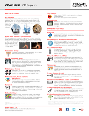 Page 2CP-WU8451 LCD Projector
*   Actual filter life will vary by individual filter based on environmental conditions, selected operating mode, user settings and usage. Hours of average filter life specified are not guaranteed and do not constitute part of the product warranty.**   Actual lamp life will vary by individual lamp based on environmental conditions, selected operating mode, user settings and usage. Hours of average lamp life specified are not guaranteed and do not constitute part of the product or...