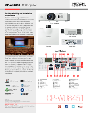 Page 3CP-WU8451 LCD Projector
Quality, reliability and installation 
convenience.
From mid-size to very large auditoriums and 
conference halls, Hitachi’s CP-WU8451 LCD projector 
is the perfect solution. With 5,000 ANSI lumens 
brightness and WUXGA 1920 x 1200 resolution, the 
CP-WU8451 will deliver dynamic images guaranteed 
to dazzle any audience. Incorporating Hitachi’s 
leading-edge technology, the CP-WU8451 features 
high contrast ratio, long lamp life, picture by picture 
so you can project two images...