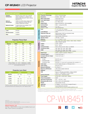 Page 4CP-WU8451 LCD Projector
*   Actual lamp life will vary by individual lamp based on environmental conditions, selected operating mode, user settings and usage. H\
ours of average lamp life specified are not guaranteed and do not constitute part of the product or lamp warranty. Lamp brightness decreases over time.**   Actual filter life will vary by individual filter based on environmental conditions, selected operating mode, user settings and usage. H\
ours of average filter life specified are not...