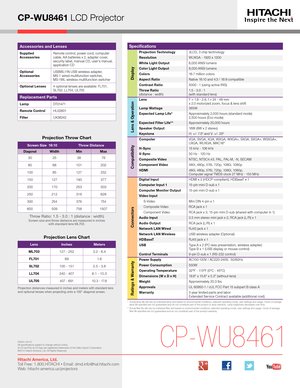 Page 4CP-WU8461 LCD Projector
*  Actual lamp life will vary by individual lamp and based on environmental conditions, selected operating mode, user settings and usage. H\
ours of average 
lamp life specied are not guaranteed and do not constitute part of the product or lamp warranty. Lamp brightness decreases over time.
**   Actual lter life will vary by individual lter and based on envir\
onmental conditions, selected operating mode, user settings and usage. H\
ours of average 
lter life specied are not...