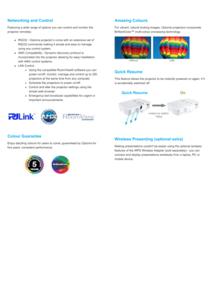 Page 3Networking and ControlFeaturing a wide range of options you can control and monitor theprojector remotely.RS232 - Optoma projector’s come with an extensive set ofRS232 commands making it simple and easy to manageusing any control system.AMX Compatibility - Dynamic discovery protocol isincorporated into the projector allowing for easy installationwith AMX control systems.LAN ControlUsing the compatible RoomView® software you canpower on/off, monitor, manage and control up to 250projectors at the same time...