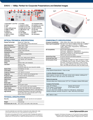 Page 2 1
 6 7 8 9
 2
 3 4 5 101112141516
171819 20 22    21
    23
    24    25              26
13
1. Kensington™ Lock Port 2. Power3. LAN4. micro USB (service)5. HDMI1-In (MHL)6. HDMI2-In7. Display Port8. VGA1-In (YPbPr)9. VGA-Out
16.7 "13. 5 "
6.3"
EH515 — 1080p: Perfect for Corporate Presentations and Detailed Image\
s
Warranty
3-Year Optoma Express Service, 1-Year on Lamp  In the Box (Standard Accessories)  
EH515 projector, AC power cord, VGA cable, remote control, batteries, multilingual...