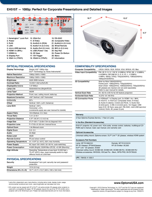 Page 2 1
 6 7 8 9
 2
 3
 4 5 10111214151617
1819 20 22
    21    23
    24
    25              26            27
13
1. Kensington™ Lock Port 2. Power3. RJ454. LAN5. micro USB (service)6. HDMI1-In (MHL)7. HDMI2-In8. Display Port9. VGA1-In (YPbPr)
16.7 "13. 5 "
6.3"
EH515T — 1080p: Perfect for Corporate Presentations and Detailed Images
www.OptomaUSA.com
Copyright © 2015 Optoma Technology, Inc. DLP® and the DLP logo are registered trademarks of Texas Instruments™. All other trademarks are the property...