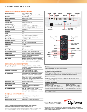 Page 2VGA-outVideoMouse
HDMIS-VideoVG A1- i n
AC powerVGA2-in
RS-232CAudio-out
Audio-in
Kensington lock port
Power On /OffMouse On /Off
Right
Four DirectionalSelect Keys
Re-Sync
Zoom
Video
AV mute
3D
Left
Source
Enter
Mode
S-Video
HDMI
BrightnessMenu
Freeze
VGAECO+
Page Up & Down
Volume Up & DownKeystone
3D GAMING PROJECTOR — GT760A
OPTICAL/TECHNICAL SPECIFICATIONS
Display Technology  Single 0.65" DC3 DMD  DLP® Technology by Texas Instruments™
Resolution HD (1280 x 720) 
Maximum Resolution WUXGA (1920 x...