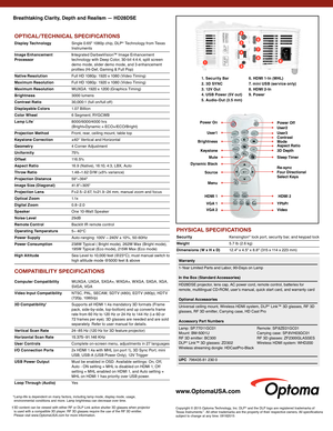 Page 2Breathtaking Clarity, Depth and Realism — HD28DSE
OPTICAL/TECHNICAL SPECIFICATIONS
Display Technology  Single 0.65" 1080p chip, DLP® Technology from Texas 
Instruments 
Image Enhancement Integrated DarbeeVision™ Image Enhancement   Processor   technology with Deep Color, 30-bit 4:4:4, split screen 
demo mode, slider demo mode, and 3 enhancement 
profiles (Hi-Def, Gaming & Full Pop)
Native Resolution
 F ull HD 1080p: 1920 x 1080 (Video Timing)
Maximum Resolution Full HD 1080p: 1920 x 1080 (Video...