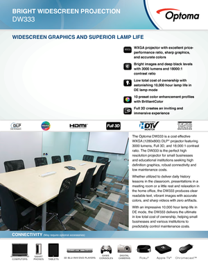 Page 1The Optoma DW333 is a cost effective 
WXGA (1280x800) DLP
® projector featuring 
3000 lumens, Full 3D, and 18,000:1 contrast 
ratio. The DW333 is the perfect high 
resolution projector for small businesses 
and educational institutions seeking high 
definition graphics, robust connectivity and 
low maintenance costs.
Whether utilized to deliver daily history 
lessons in the classroom, presentations in a 
meeting room or a little rest and relaxation in 
the home office, the DW333 produces clear 
readable...