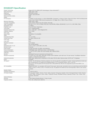 Page 4EH320USTi SpecificationDisplay TechnologySingle 0.65" DC3 DMD DLP® Technology by Texas Instruments™Native Resolution1080p 1920 x 1080Brightness4000 ANSI LumensContrast Ratio20,000:1 (full on/full off)Noise Level (Eco mode)28dBWeight4.85I/O Connectors2 x HDMI (1.4a 3D support), 2 x VGA (YPbPr/RGB), Composite, 2 x Audio In 3.5mm, Audio Out 3.5mm, VGA Out (Shared withVGA2), RJ45, RS232, USB remote mouse/service, 12V trigger, Mic In, USB-A Power, 3D-SyncMaximum ResolutionHDMI (1920 x 1080)Computer...