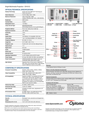 Page 23. VGA-IN / YPbPr 4. HDMI-1/ MHL 1. Security Bar 2. RS-232C 5. HDMI-2 6. USB (Power) 7. mini USB (service) 8. Power 
 1 7
 2 3
5
 4
 6 8
Mouse Switch
Freeze
Four DirectionalSelect Keys
Audio Mute
Right
Laser
HDMI
Aspect Ratio
Resync
VideoVGA
3D
Left
Video Mute
KeystoneMenu
Enter
User 1User 2Source
Volume
Page Down
User 3
Brightness Mode
Page Up
Power On
Bright Multimedia Projection - DH1012
OPTICAL/TECHNICAL SPECIFICATIONS
Display Technology  Single 0.65" DC3 DMD DLP® Technology by Texas...