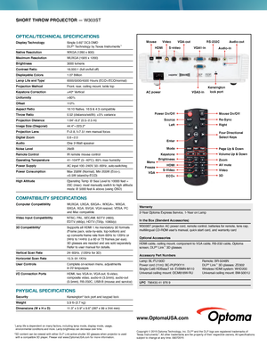 Page 2VGA-outVideo
Mouse
HDMI S-video VG A1- i n
AC powerVGA2-inRS-232C
Audio-out
Audio-in
Kensington  lock port
Power On /OffMouse On /Off
Right
Four Directional
Select Keys
Re-Sync
Zoom
Video AV mute
3D
Left
Source
Enter
Mode
S-Video
HDMI
BrightnessMenu
Freeze VGA
ECO+
Page Up & Down
Volume Up & Down
Keystone
SHORT THROW PROJECTOR — W303ST
OPTICAL/TECHNICAL SPECIFICATIONS
Display Technology   Single 0.65" DC3 DMD   
DLP® Technology by Texas Instruments™
Native Resolution WXGA  (1280 x 800) 
Maximum...