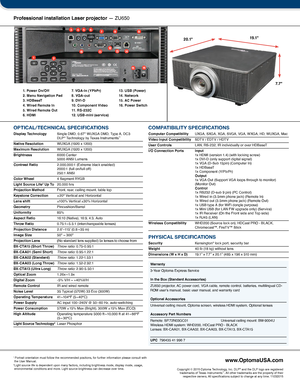 Page 2Professional installation Laser projector — ZU650
Warranty
3-Year Optoma Express Service  In the Box (Standard Accessories)
ZU650 projector, AC power cord, VGA cable, remote control, batteries, multilingual CD-ROM user’s manual, basic user manual, and warranty card  Optional Accessories
Universal ceiling mount, Optoma screen, wireless HDMI system, Optional l\
enses  Accessory Part Numbers
Remote: SP.72N03GC01  Universal ceiling mount: BM-9004U Wireless HDMI system: WHD200, HDCast PRO - BLACK Lenses:...