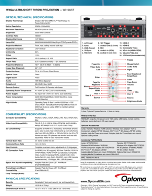 Page 2WXGA ULTRA SHORT THROW PROJECTION — W319UST
OPTICAL/TeChnICAL SPeCIfICATIOnS
Display Technology  
Single 0.65" DC3 DMD DLP® Technology by  
Texas Instruments™
Native Resolution  WXGA (1280x800)
Maximum Resolution  WUXGA (1920 x 1200)
Brightness   3300 ANSI Lumens
Contrast Ratio  18000:1
Displayable Colors  1.07 B i l l i o n
Lamp Life*   
3000/5000/5000/6500 Hrs (Bright/ECO/Dynamic/ECO+)
Projection Method  Front, rear, ceiling mount, table top
Keystone Correction  ± 40° Vertical 
Uniformity   85%...