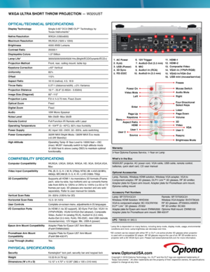 Page 2WXGA ULTRA SHORT THROW PROJECTION — W320UST
OPTICAL/TeChnICAL SPeCIfICATIOnS
Display Technology  
Single 0.65" DC3 DMD DLP® Technology by  
Texas Instruments™
Native Resolution  WXGA (1280x800)
Maximum Resolution  WUXGA (1920 x 1200)
Brightness   4000 ANSI Lumens
Contrast Ratio  20000:1
Displayable Colors  1.07 B i l l i o n
Lamp Life*   
3000/5000/5000/6500 Hrs (Bright/ECO/Dynamic/ECO+)
Projection Method  Front, rear, ceiling mount, table top
Keystone Correction  ± 40° Vertical 
Uniformity   85%...