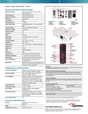 Page 25. VGA-Out 6. RJ-45 7. Audio-In 1 8. VGA-In/YPbPr 
1. USB (Power) 2. Video 3. Audio-in 2 4. Audio Out
9. RS-232 10. HDMI 1/ MHL 11. Mouse Service 12. HDMI 2
2
 1 5
 6
7
 3
 4
810
11
12 139
PowerSwitchFreeze
Audio Mute
Right
Laser
Four DirectionalSelect Keys
Video
Volume
Brightness Mode
VGA
Resync
Left
User 1, 2, 3
Enter
Keystone
Video Mute
Page Up
Aspect RatioMenu
HDMI
Source
Page Down
3D
8.8112 . 3 6
4.48
BRIGHT 1080P PROJECTOR - EH416
OPTICAL/TECHNICAL SPECIFICATIONS
Display Technology  Single 0.65”...