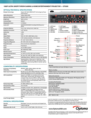 Page 21080P ULTRA SHORT-THROW GAMING & HOME ENTERTAINMENT PROJECTOR — GT5500
OPTICAL/TECHNICAL SPECIFICATIONS
Display Technology  Single 0.65” DC3 DMD DLP® Technology by Texas Instruments™
Native Resolution  1080p (1920x1080)
Maximum Resolution WUXGA (1920 x 1200)
Brightness  3500 Lumens
Contrast Ratio 25000:1
Displayable Colors 1.07 Billion
Lamp Life*   
3000/5000/5000/6500 Hrs (Bright/ECO/Dynamic/ECO+)
Projection Method Front, rear, ceiling mount, table top
Keystone Correction  ± 40° Ver tical 
Uniformity  >...