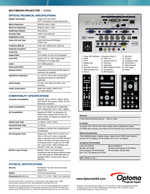 Page 2MULTIMEDIA PROJECTOR — EH505
OPTICAL/TECHNICAL SPECIFICATIONS
Display Technology  
Single 0.65” DarkChip3™  DLP® Technology by Texas Instruments™
Native Resolution  WUXGA (1920 x 1200)
Maximum Resolution WUXGA (1920 x 1200)
Brightness (Typical)  5000 lumens
Contrast Ratio  2,000:1 (full on/full off)
Displayable Colors 1.07 Billion
Lamp Life* and Type 3500/1500 Hours (STD/bright)    370W P-VIP
Projection Method Front, rear, ceiling mount, table top 
Keystone Correction ±15° Vertical 
Uniformity  85%...