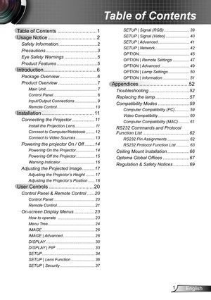 Page 11English
Table of Contents ............................1
Usage Notice ...................................2
Safety Information ...............................2
Precautions  .........................................3
Eye Safety Warnings  ..........................5
Product Features ................................5
Introduction ......................................6
Package Overview  ..............................6
Product Overview  ...............................7
Main Unit...