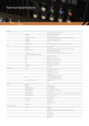 Page 12Technical Specifications
ProjectorDLP™ Technology by Texas Instruments
Technology 0.67” WUXGA, DC3,Type A chip
Resolution Native WUXGA (1920 x 1200)
Brightness - Dual Lamp 6000 ANSI lumens / 6500 centre lumens using “Bright” colour wheel
Aspect Ratio 16:10 native, 4:3 & 16:9 compatible
Refresh Rate 15kHz to 100kHz / 25Hz to 85Hz
Contrast 2000:1
Video Compatibility PAL (625/576i/p), SECAM, NTSC (525/480i/p), HDTV (720p, 1080i)
Optics Lamp Type 2 x 330W P-VIP
Lamp Life 2000 hr bright mode / 2500 hr ECO...