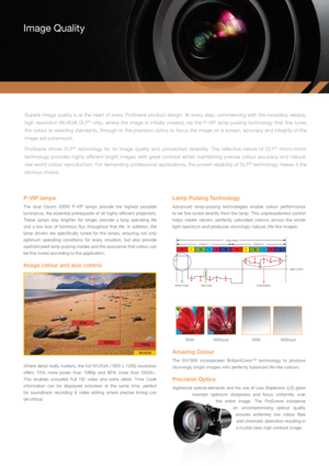 Page 4P-VIP lamps 
The  dual  Osram  330W  P-VIP  lamps  provide  the  highest  possible 
luminance, the essential prerequisite of all highly-efficient projectors. 
These  lamps  stay  brighter  for  longer,  provide  a  long  operating  life 
and  a  low  loss  of  luminous  flux  throughout  that  life.  In  addition,  the 
lamp  drivers  are  specifically  tuned  for  the  lamps,  ensuring  not  only 
optimum  operating  conditions  for  every  situation,  but  also  provide 
sophisticated lamp pulsing...