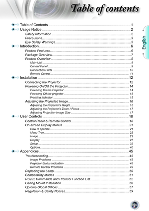 Page 1
English


Table of contents
Table of Contents ........................................................................\
...........1
Usage Notice ........................................................................\
..................2
Safety Information  ........................................................................\
.................2
Precautions........................................................................\
............................3
Eye Safety Warnings...