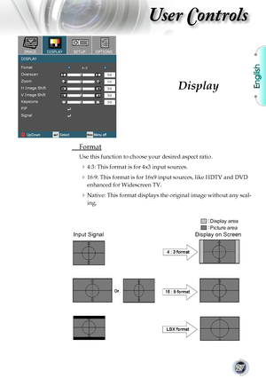 Page 27
English


User Controls

	 Format
Use	this	function	to	choose	your	desired	aspect	ratio.
	4:3: This format is for 4x3 input sources.
	16:9: This format is for 16x9 input sources, like HDTV and DVD 
enhanced	for	Widescreen	TV.
	Native: This format displays the original image without any scal-
ing.
Display
Input Signal
Display area
Picture area
Display on Screen       