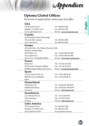 Page 57
English


Appendices

Optoma Global Offices
For service or support please contact your local office.
USA
715	Sycamore	DriveTel : 408-383-3700 
Milpitas,	CA	95035,	USAFax: 408-383-3702
www.optomausa.comService : services@optoma.com
Canada
5630	Kennedy	Road,	Mississauga,
ON,	L4Z	2A9,	CanadaTel : 905-361-2582
www.optoma.caFax: 905-361-2581
Europe
42	Caxton	Way,	The	Watford	Business	Park
Watford,	Hertfordshire,	
WD18	8QZ,	UK	Tel : +44 (0) 1923 691 800
www.optoma.euFax: +44 (0) 1923 691 888
Service...