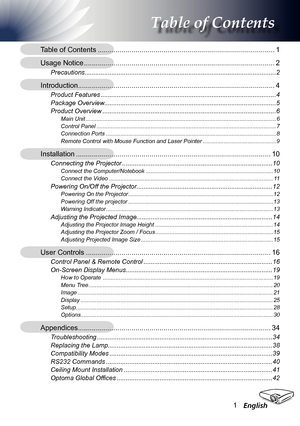 Page 1
English
Table of Contents
Table of Contents ........................................................................\
.................
Usage Notice  ........................................................................\
........................2
Precautions........................................................................\
...................................2
Introduction........................................................................\
...........................4
Product...